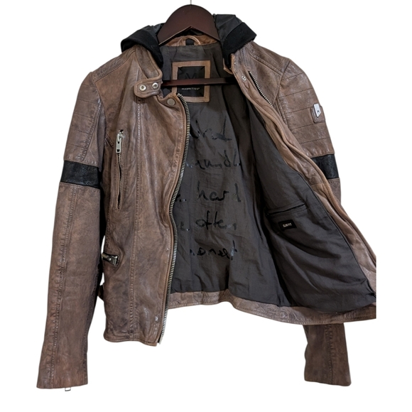 Mauritius "Megyn" Hooded Lambskin Leather Moto Jacket - Brown Size 8 Slim Fit - Picture 3 of 11